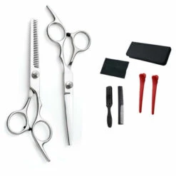 ILoveMilan Haarschneideschere Friseurschere Set Effilierschere Kammschere Etui Professioneller Friseursalon Heimschere Set Für Männer Frauen Tiere (7-teiliges Silber-Set)