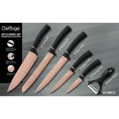 Cheffinger 6 Teile Rose Gold Schwarz Messerset Messer Fleischmesser Brotmesser 2 Cheffinger 6 Teile Rose Gold Schwarz Messerset Messer Fleischmesser Brotmesser – Bild 2