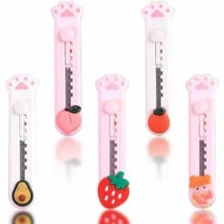 5 Stück Mini-Kistenschneider, Betterlife Tragbarer Einziehbarer Brieföffner Schreibwarenmesser Mit 5 Designs (Avocado+Erdbeere+Orange+Pfirsich+Kleines Mädchen)