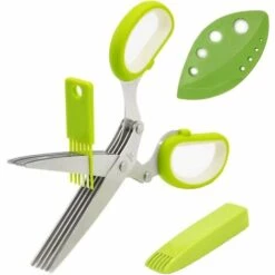 ILOVEMILAN Kräuterschere, Mehrzweck-Küchenschere, 5 Edelstahlklingen Mit Sicherheitsabdeckung, Reinigungskamm Und Kräuterentferner (Grün)