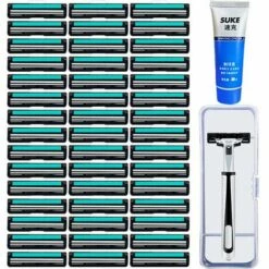 THSINDE Rasierklingen Für Nassrasierer Herren, 48 Ersatzklingen Mit 3-fach Klinge Und Hautschutz 48 Klingen, 1 Messerhalter, 1 Messerbox, 1 Schaum