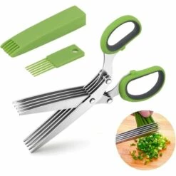 OCXIN Kräuterschere, Küchenschere Edelstahl, 5 Edelstahlklingen Mit Sicherheitsabdeckung Und Reinigungskamm, Geeignet Zum Schneiden Von Kräutern, Petersilie, Schalotten(Grün)