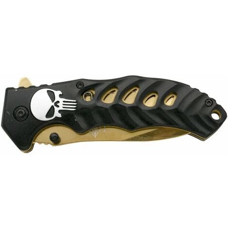 THIRD K2814D, Mango Schwarzes Aluminium Mit Silbernem Totenkopf, 10 Cm Klinge Aus Edelstahl, Gebadet In Leuchtend Goldenem Titan, Campinggerät Zum Angeln, Jagen Und Sport. 2 THIRD K2814D, Mango Schwarzes Aluminium Mit Silbernem Totenkopf, 10 Cm Klinge Aus Edelstahl, Gebadet In Leuchtend Goldenem Titan, Campinggerät Zum Angeln, Jagen Und Sport. – Bild 2