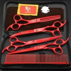 FUIENKO 1 Set Professional Pet Pflege Schere Set Rot 4 Stücke Hund Scheren Haar Schneiden Ausdünnung Schere Gebogene Schere,set Add Case